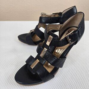 Söfft Black Leather Strappy Heeled Sandals Shoes Womens 8.5 Gold Buckle